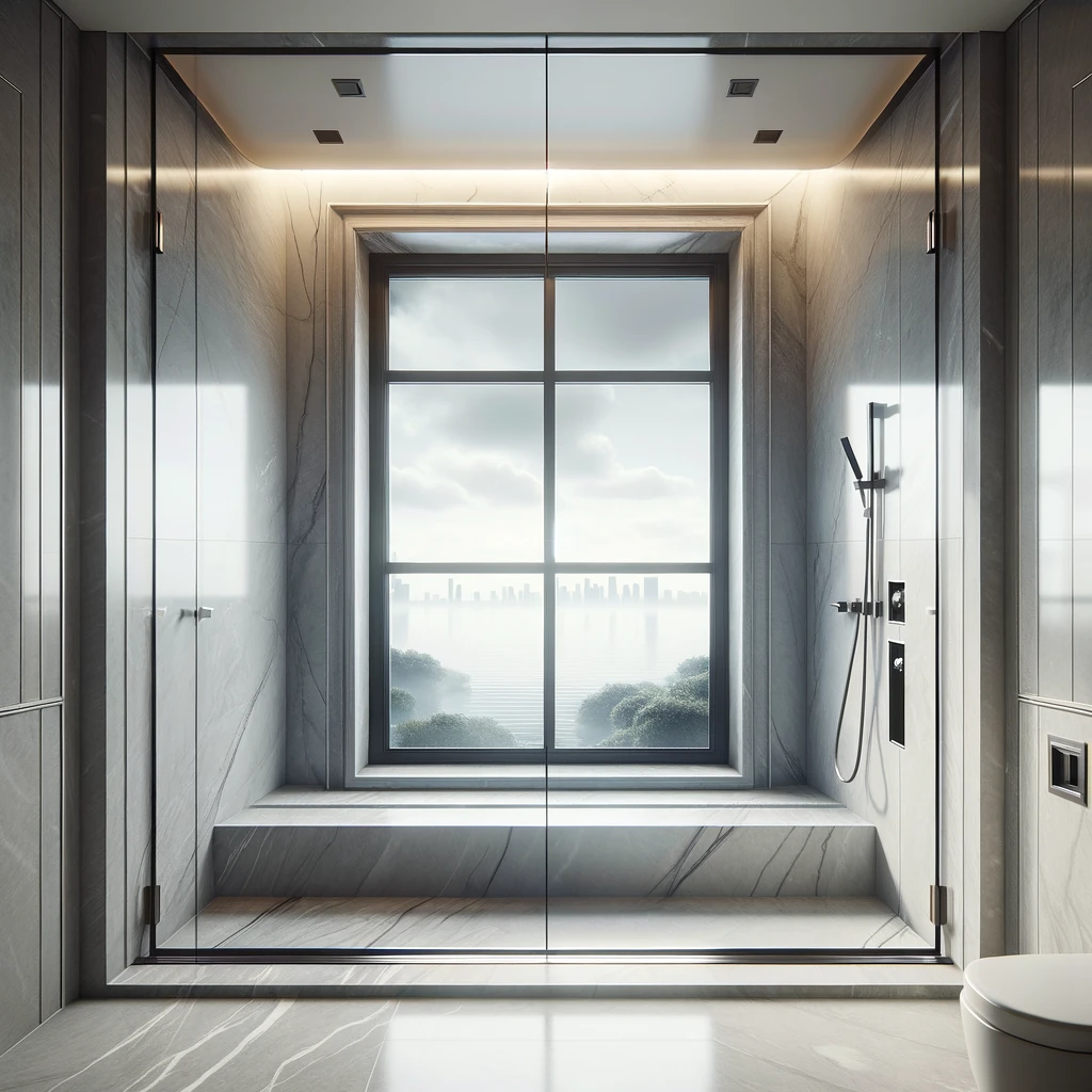 an image of a luxurious window designed for a modern shower area, featuring frosted glass and a sleek stainless steel frame.